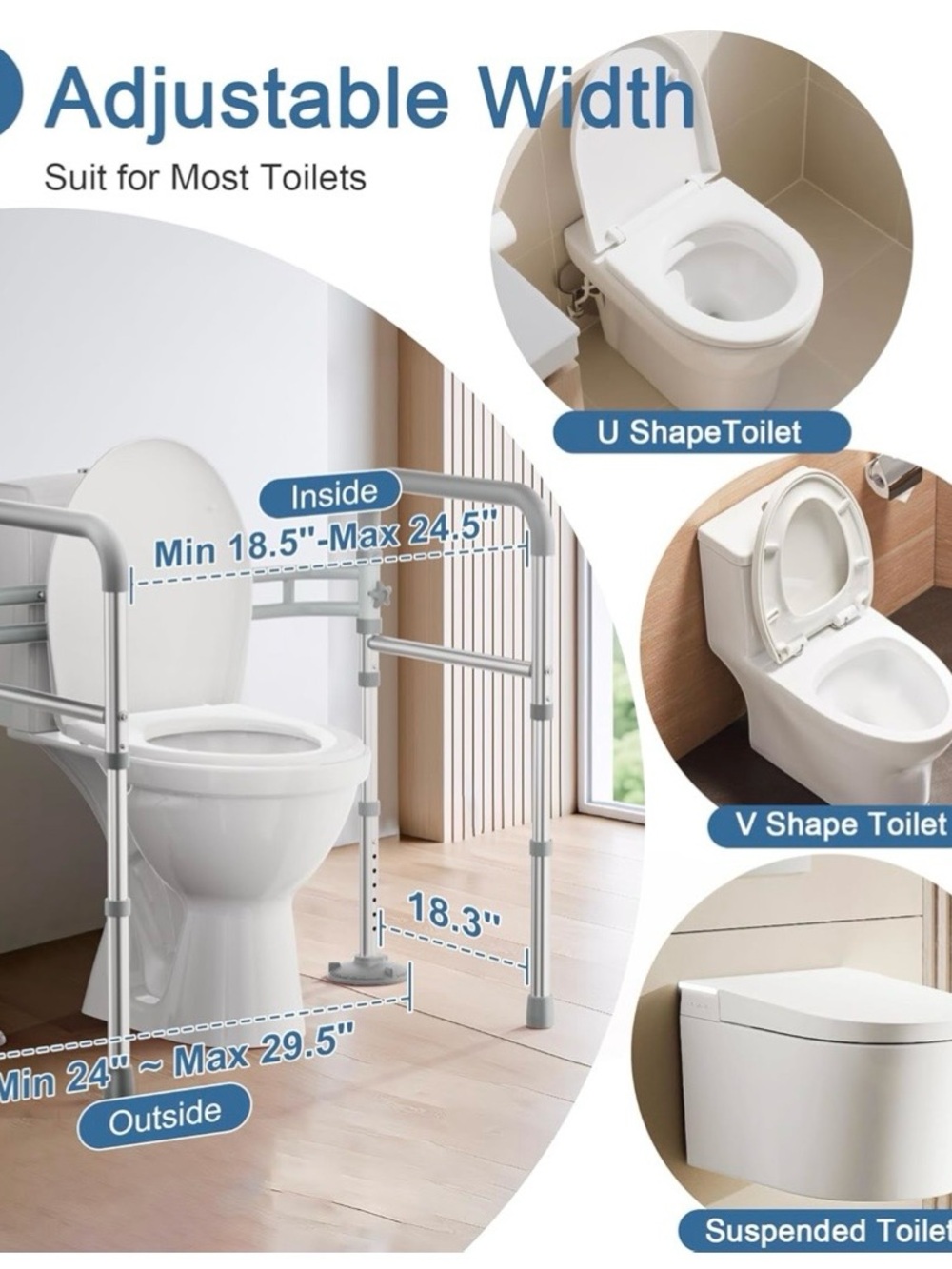 White Adjustable Bathroom Support Rail for Safe Sitting and Standing
